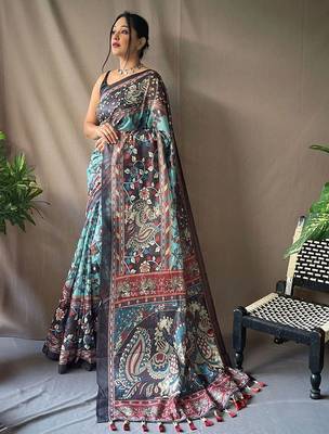 Blue kalamkari printed saree 2