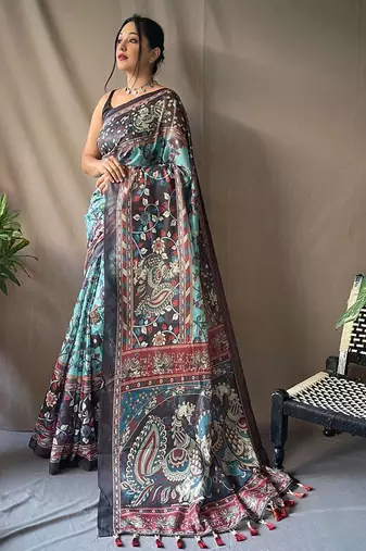 Blue kalamkari printed saree