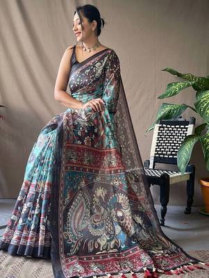 Blue kalamkari printed saree 3