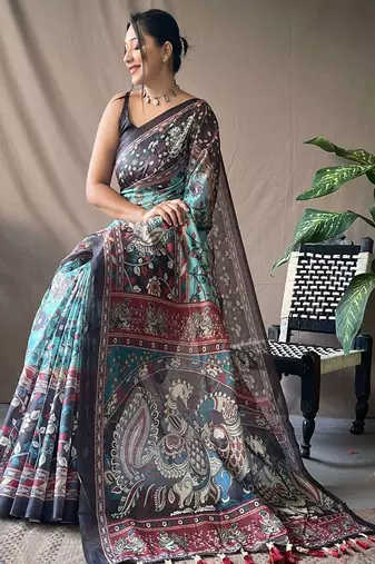 Blue kalamkari printed saree