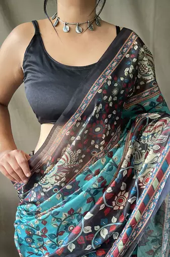 Blue kalamkari printed saree