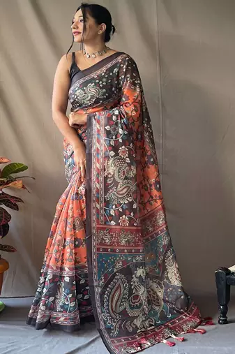 Orange kalamkari printed saree with blouse piece