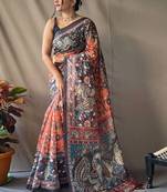 Orange kalamkari printed saree with blouse piece