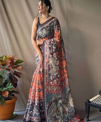 Orange kalamkari printed saree with blouse piece 2