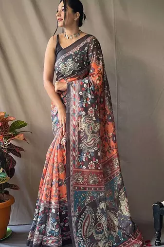 Orange kalamkari printed saree with blouse piece