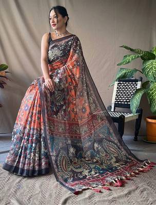 Orange kalamkari printed saree with blouse piece 3