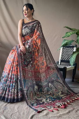 Orange kalamkari printed saree with blouse piece