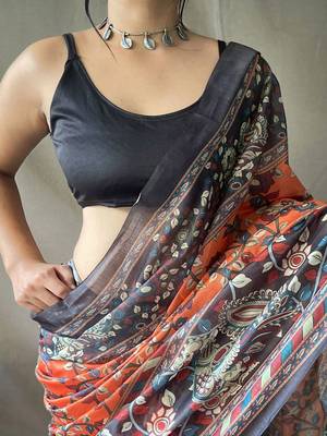 Orange kalamkari printed saree with blouse piece 4