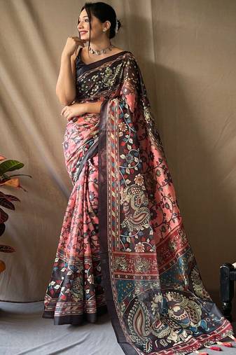 Pink kalamkari printed saree