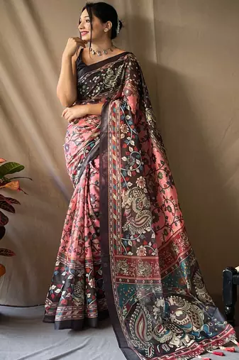 Pink kalamkari printed saree