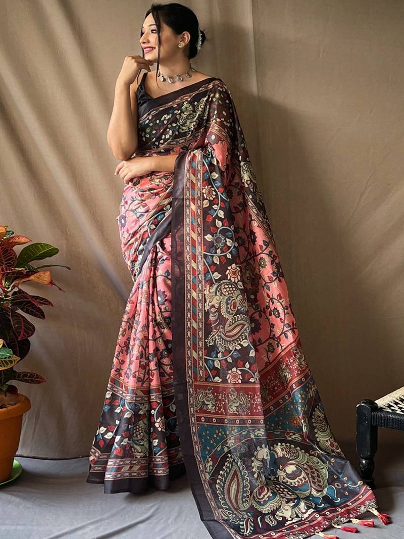 Pink kalamkari printed saree
