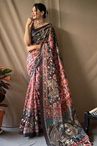 Pink kalamkari printed saree