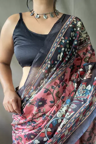 Pink kalamkari printed saree