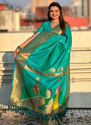 Blue woven design zari silk blend paithani saree 3