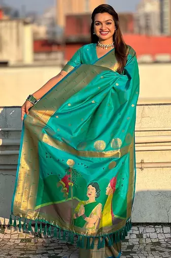 Blue woven design zari silk blend paithani saree
