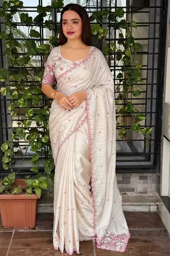 Off white floral embroidered designer tussar saree