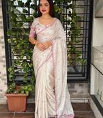 Off white floral embroidered designer tussar saree