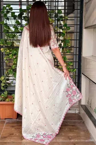 Off white floral embroidered designer tussar saree