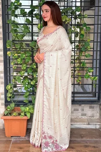 Off white floral embroidered designer tussar saree