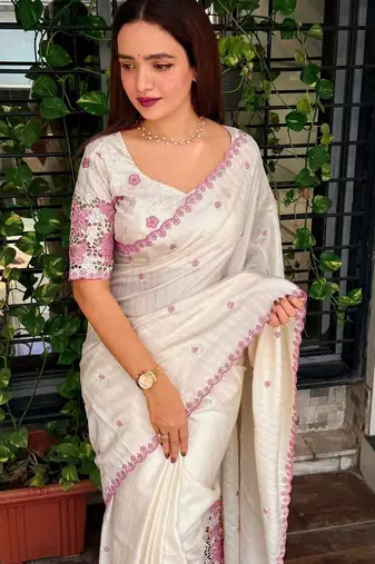 Off white floral embroidered designer tussar saree