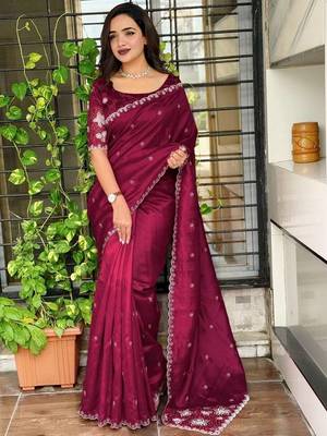 Maroon floral embroidered designer tussar saree 1