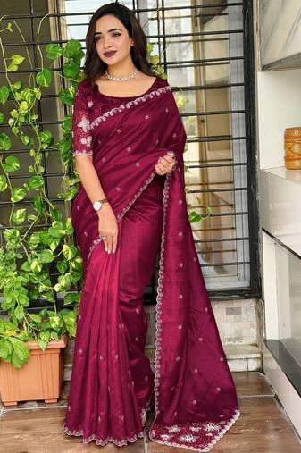 Maroon floral embroidered designer tussar saree
