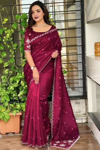 Maroon floral embroidered designer tussar saree