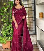 Maroon floral embroidered designer tussar saree