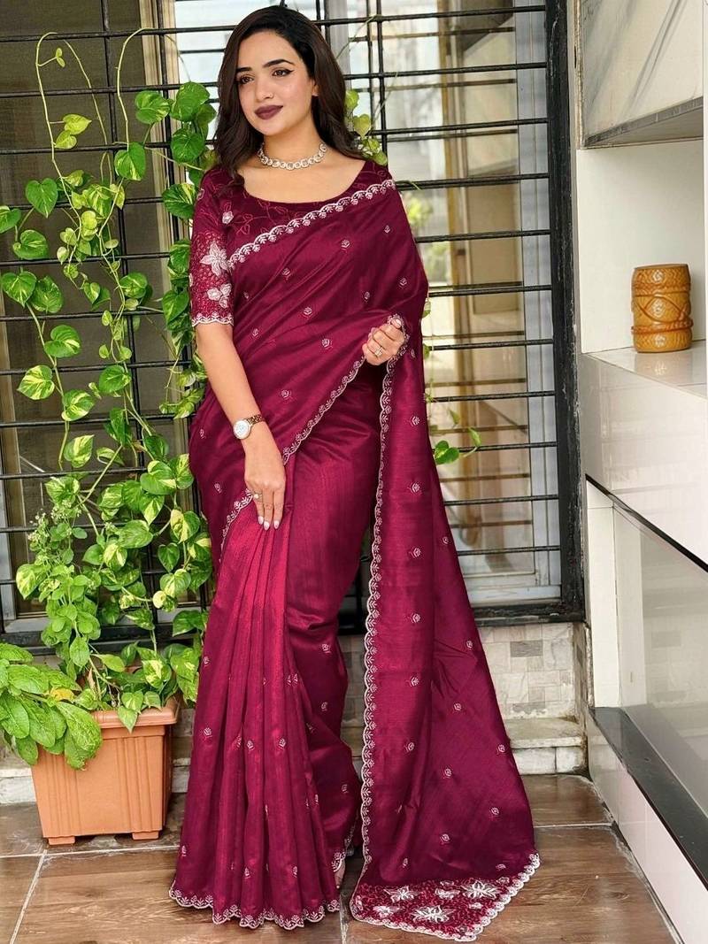 Maroon floral embroidered designer tussar saree