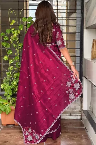 Maroon floral embroidered designer tussar saree