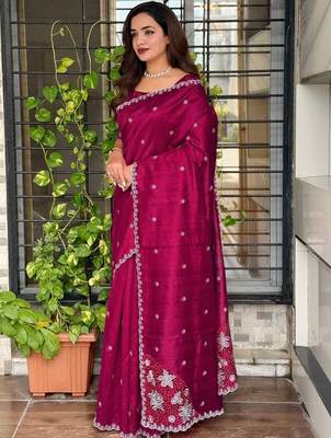 Maroon floral embroidered designer tussar saree 3