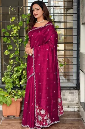 Maroon floral embroidered designer tussar saree