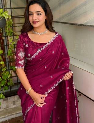 Maroon floral embroidered designer tussar saree 4