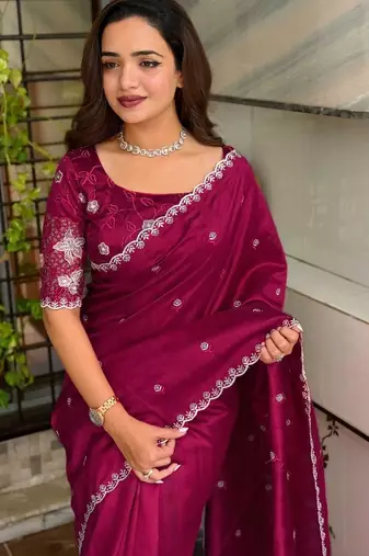 Maroon floral embroidered designer tussar saree