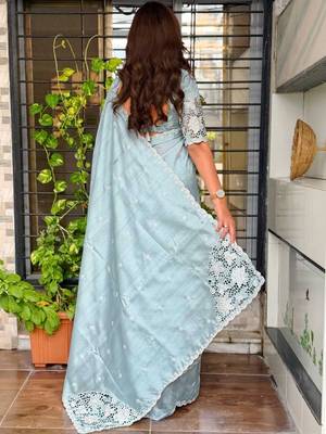 Sea green floral embroidered designer tussar saree 2