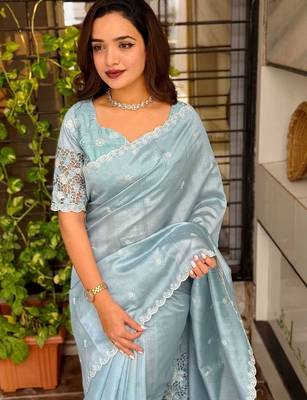 Sea green floral embroidered designer tussar saree 4