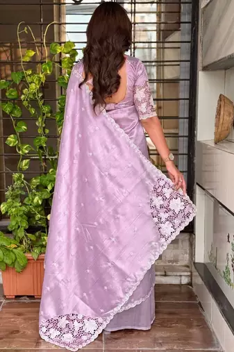 Lavender floral embroidered designer tussar saree