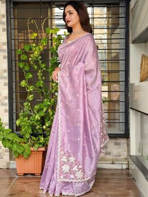 Lavender floral embroidered designer tussar saree 3