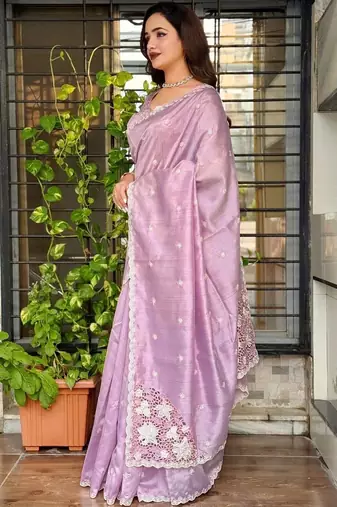 Lavender floral embroidered designer tussar saree