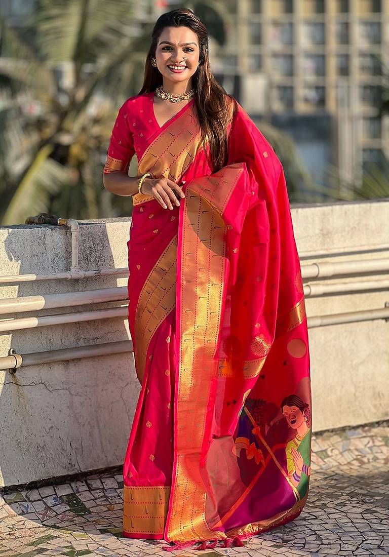 Pink woven design zari silk blend paithani saree