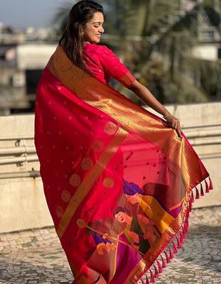 Pink woven design zari silk blend paithani saree 2