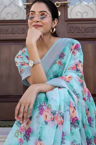 Blue floral zari ready to wear saree
