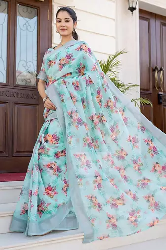 Blue floral zari ready to wear saree