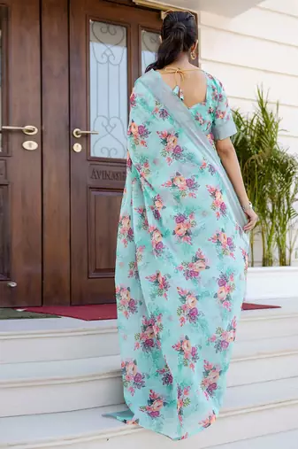 Blue floral zari ready to wear saree