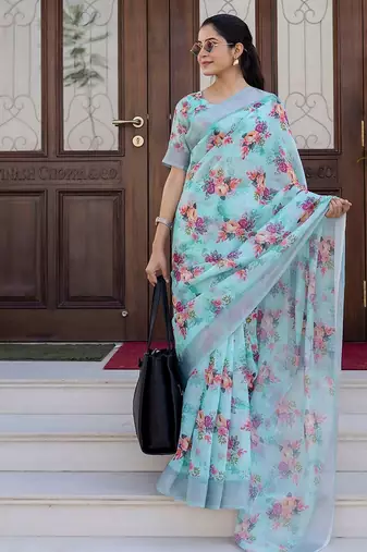 Blue floral zari ready to wear saree