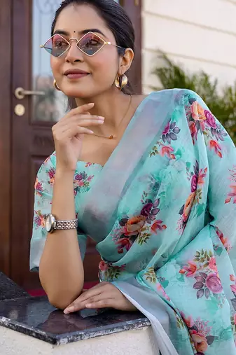 Blue floral zari ready to wear saree
