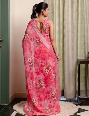 Pink floral zari linen blend ready to wear saree 3