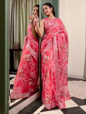 Pink floral zari linen blend ready to wear saree 4
