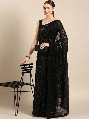 Black sequinned poly georgette designer saree 1