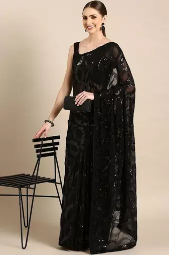 Black sequinned poly georgette designer saree